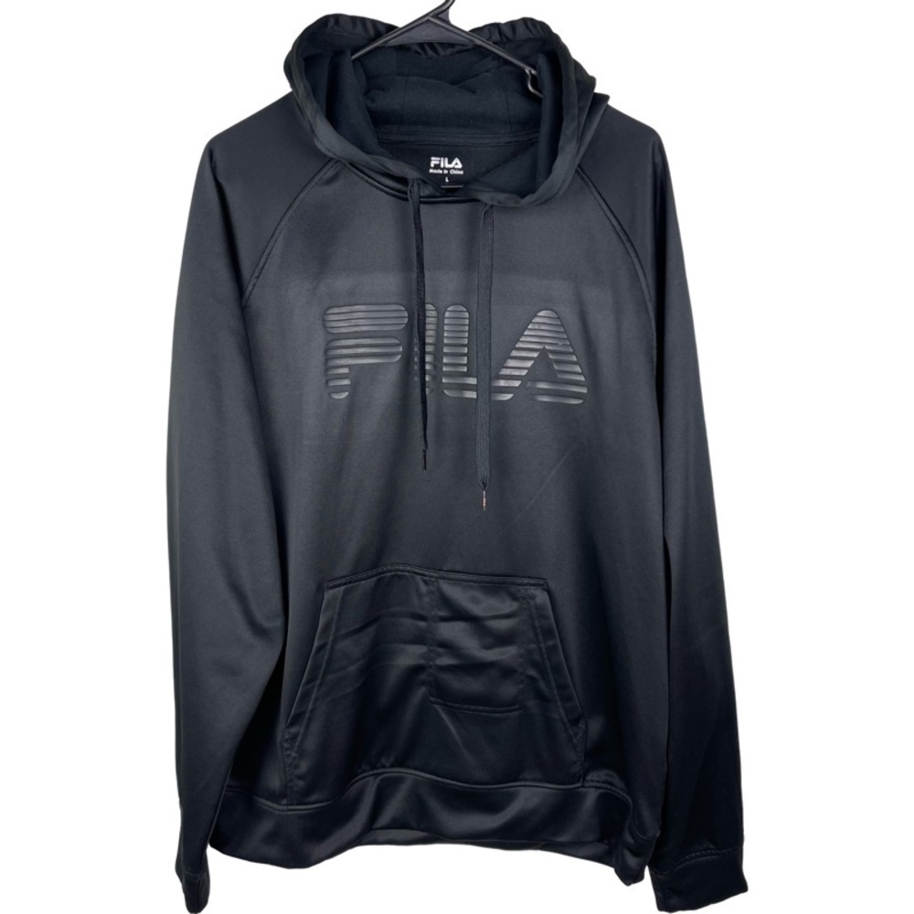 ✅ FILA Men’s Black hooded black logo kangaroo pocket sweatshirt hoodie size L